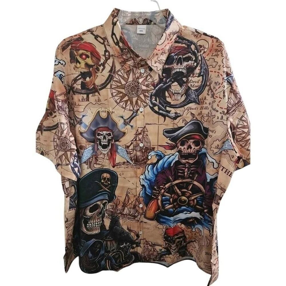 Men's 4XL Pirate Skull Hawaiian Button Down Shirt - New